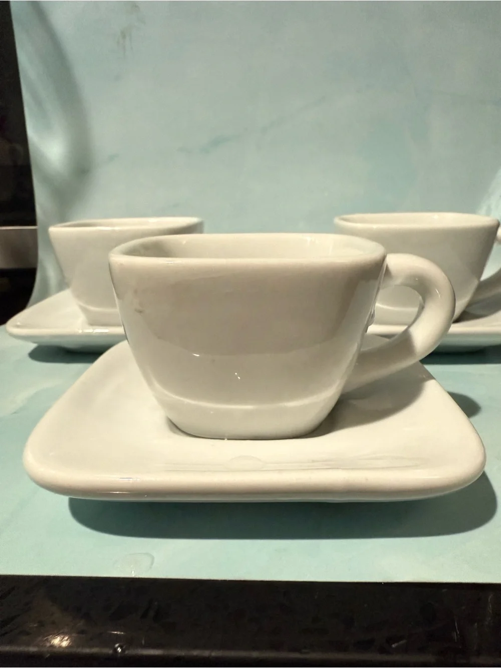 Crate & Barrel White Square Ceramic Coffee Cup and Saucer Set - 3 Piece